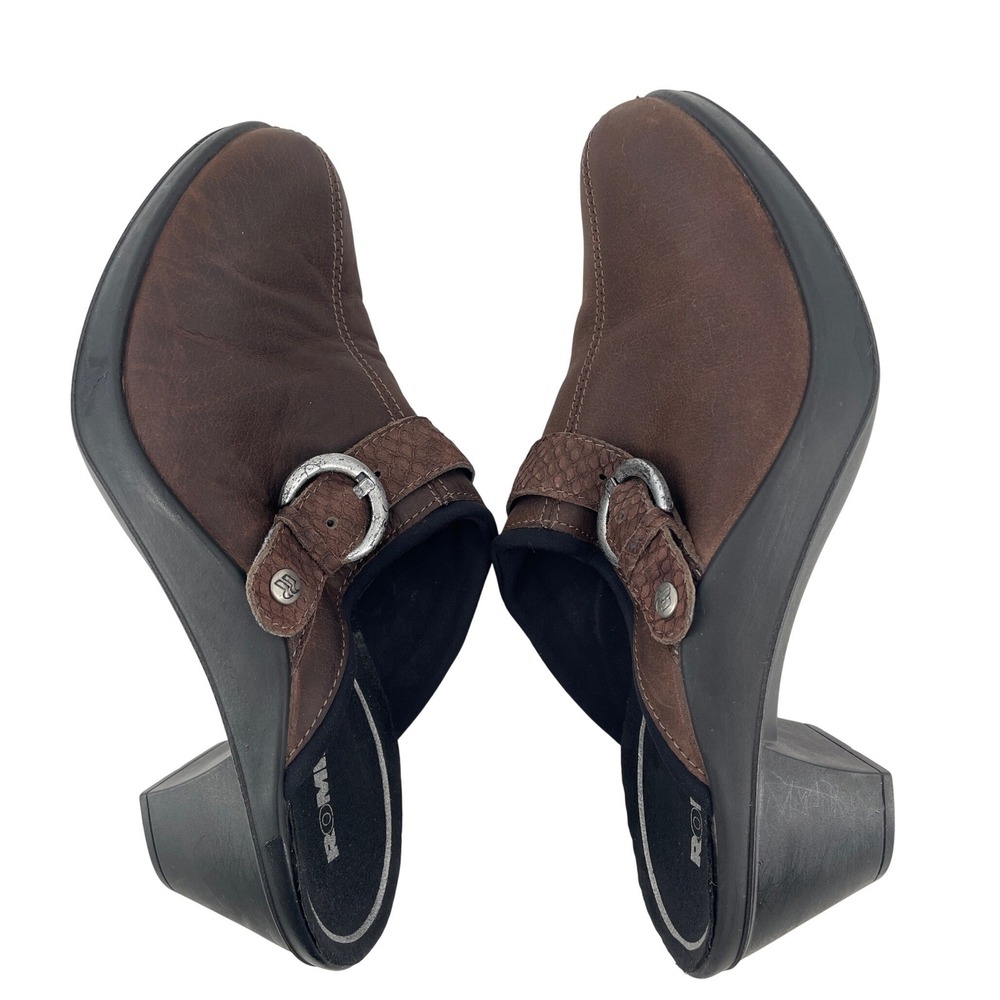 Romika Leather Buckle Mules Womens 38 7.5 Brown Snakeskin Strap Block Heel Clogs